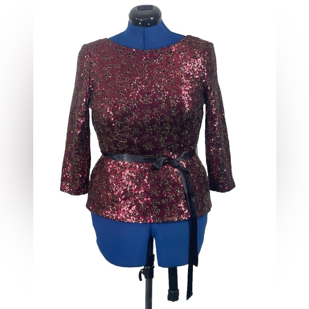 Alex Evenings Red Floral Sequined Tops Sz Med with Tie Belt Tunic Vneck Back